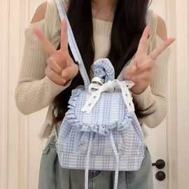 2025新款蓝色流行甜美可爱蕾丝格子双肩包女蓬松荷叶边背包少女大