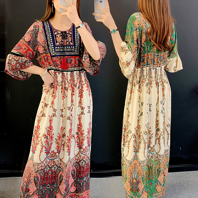 Anstq9811 Cross-Border Ethnic Style Tassel High-Waisted Mid-Sleeve Flared Skirt Round Neck Ruffle Dress Anstq9811 Cross-Border Ethnic Style Tassel High-Waisted Mid-Sleeve Flared Skirt Round Neck Ruffle Dress