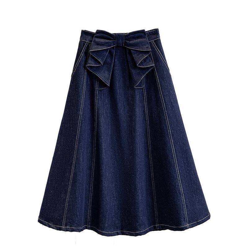 Chân váy denim dáng chữ A cạp cao có nơ, dáng midi che khuyết điểm tôn dáng — Màu xanh dương chi tiết 3