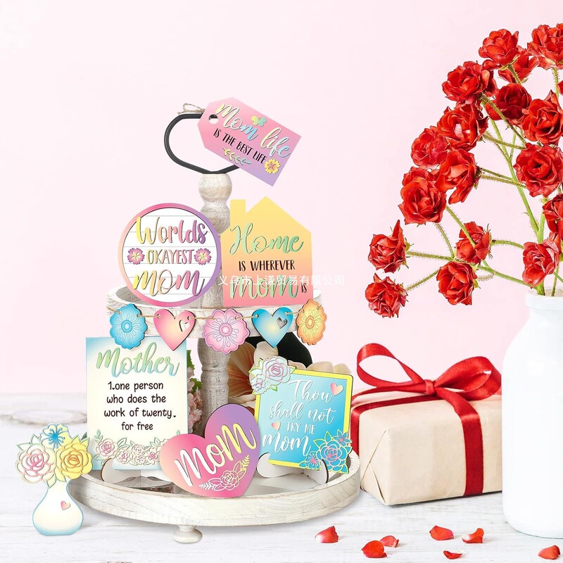 Mother's Day Rustic Farmhouse Tiered Tray Decor Set, Heart Floral Wood Table Sign, Soft Colors,