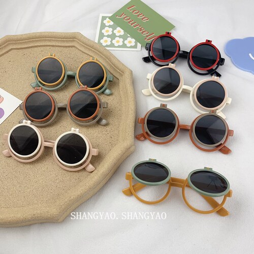 Children's foldable sunglasses, cute unisex baby glasses, personalized round-frame sunglasses for travel, trendy kids' photo sunglasses