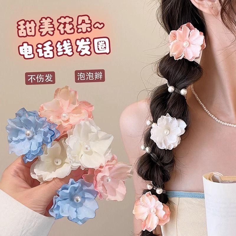 한국 꽃 스트레이트 전화 라인 버블 헤어 링 포니 테일 헤어 로프 달콤한 고급 고무 텐든 봄 및 여름 헤어 액세서리