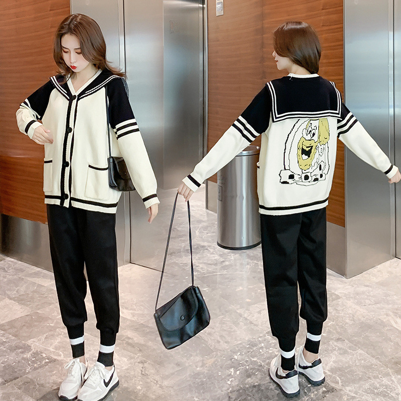 임산부 정장 가을 겨울 패션 스타일 외출 스웨터 카디건 재킷 루즈 대형 두꺼운 벨벳 바지 투피스 정장