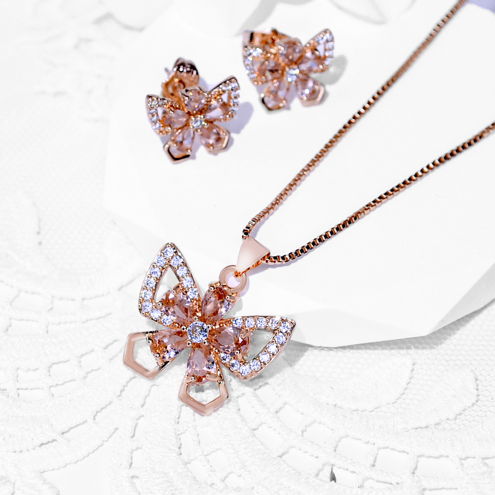 Europa y América de moda bronce incrustado gran pendientes de zircon collar conjunto de joyería pendientes de mujer colgante hermosa joyería transfronteriza