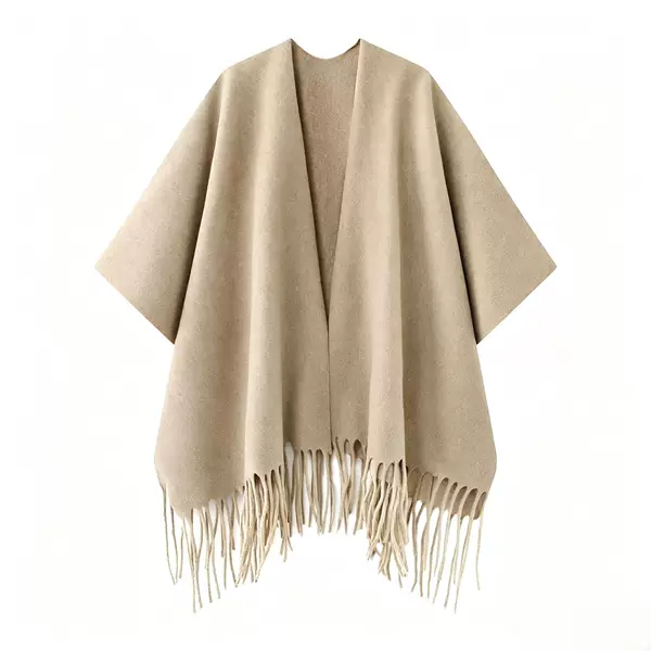 Cool and Understated Solid Color Thick Shawl Scarf with a High-End Feel, Worn over a Cape, Tassel Cardigan, and Old Money Style Shawl