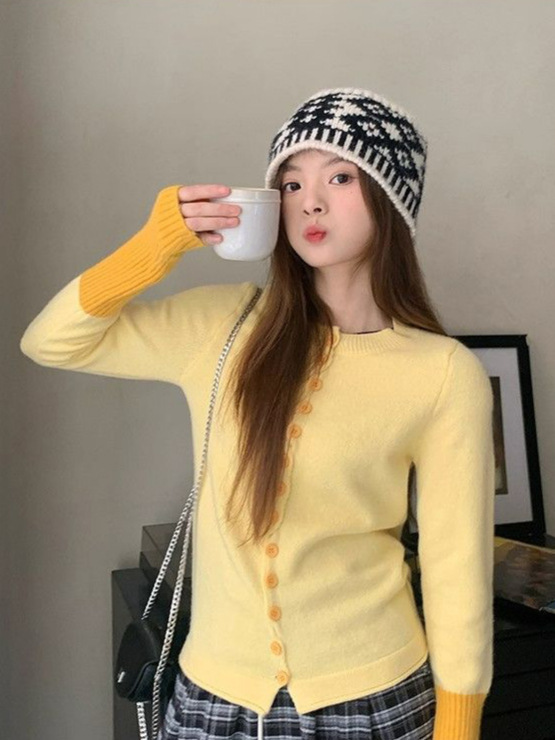 韩系多巴胺开衫黄色针织衫女秋冬季修身内搭打底衫独特绝美小上衣|undefined