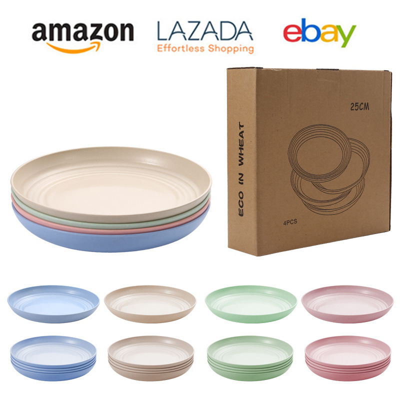 Cross-border Amazon Wheat Straw Plate Set Household Round Plate Japanese Style Drop-resistant Plastic Plate Printable logo Cross-border Amazon Wheat Straw Plate Set Household Round Plate Japanese Style Drop-resistant Plastic Plate Printable logo