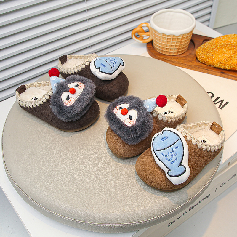 Children's New Winter Korean Style Slippers Fleece-Lined to Heattech Penguins and Fish Cartoon Furry Shoes Soft Sole Non-Slip Girls