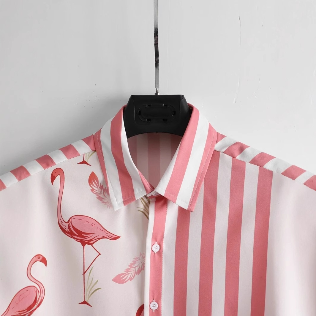 Grulla de corona roja contraste color rayas impresión digital 3D Xiyin venta caliente camisa de verano pantalones cortos conjunto vacaciones en la playa