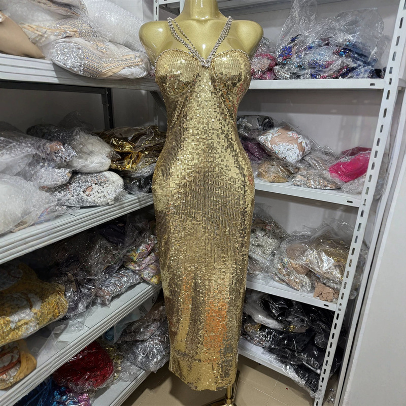European and American Cross-Border Trade 2026 Spring New Sexy Slim-Fit Spaghetti Strap Long Dress with Sequins