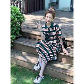 2025夏季高级感polo领条纹连衣裙女外穿设计感短袖长裙ZX8625