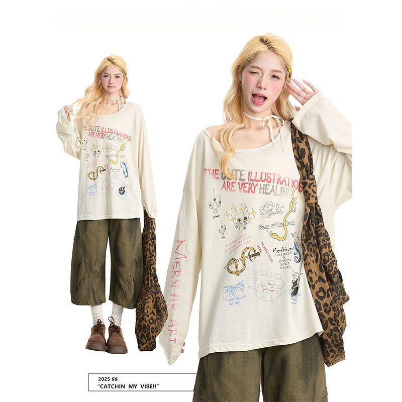 2025 Cartoon Graffiti Slanted Shoulder Long Sleeve T-Shirt Women's Summer American Hot Girl Loose Street Breathable Niche Top 2025 Cartoon Graffiti Slanted Shoulder Long Sleeve T-Shirt Women's Summer American Hot Girl Loose Street Breathable Niche Top
