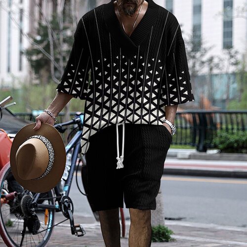 Cross-border European and American independent website exclusive—3D-printed trendy tech knitted jacquard fabric men's shorts and short-sleeved set