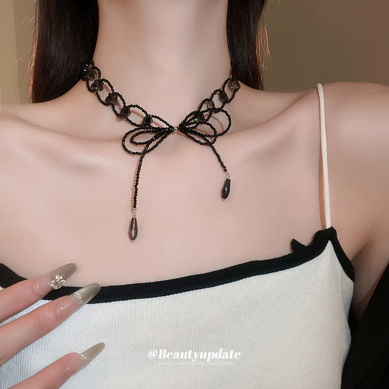 Bolas de vidrio con hebilla de cuentas de lazo, cadena de clavícula de personalidad de estilo dulce y fresco, moda de alta gama, accesorios de collar de todo fósforo, mujeres al por mayor