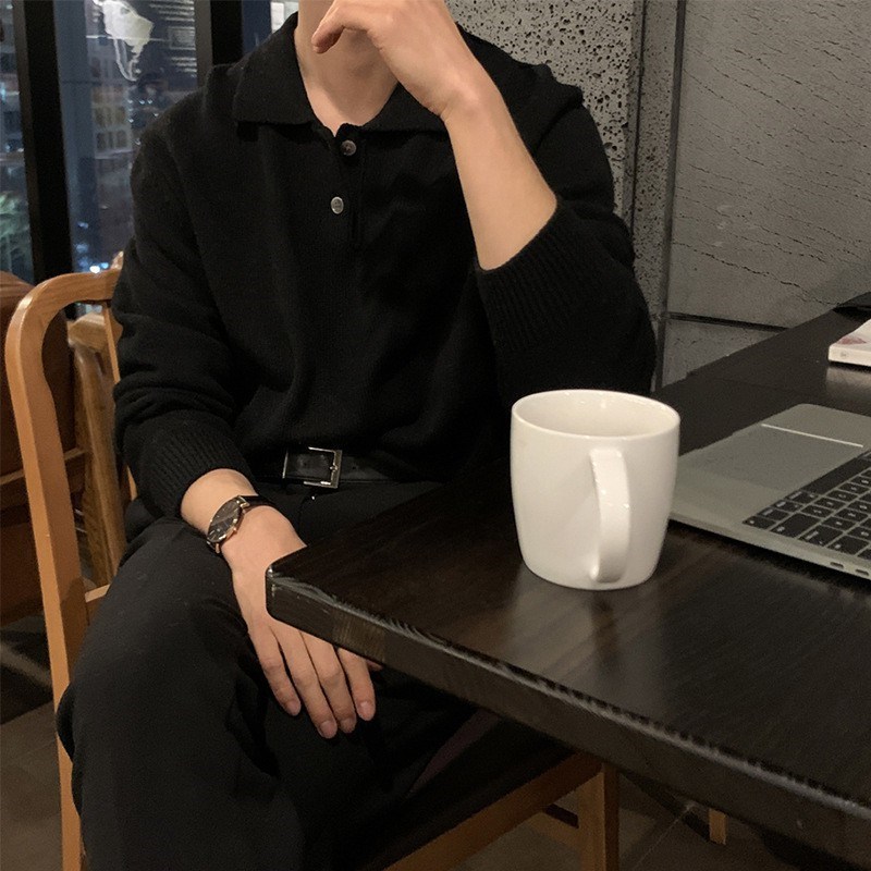 トレンドの新しい東大門韓国メンズラペルセーター男性デザイナーポロネック肌に優しいルーズニットセーター