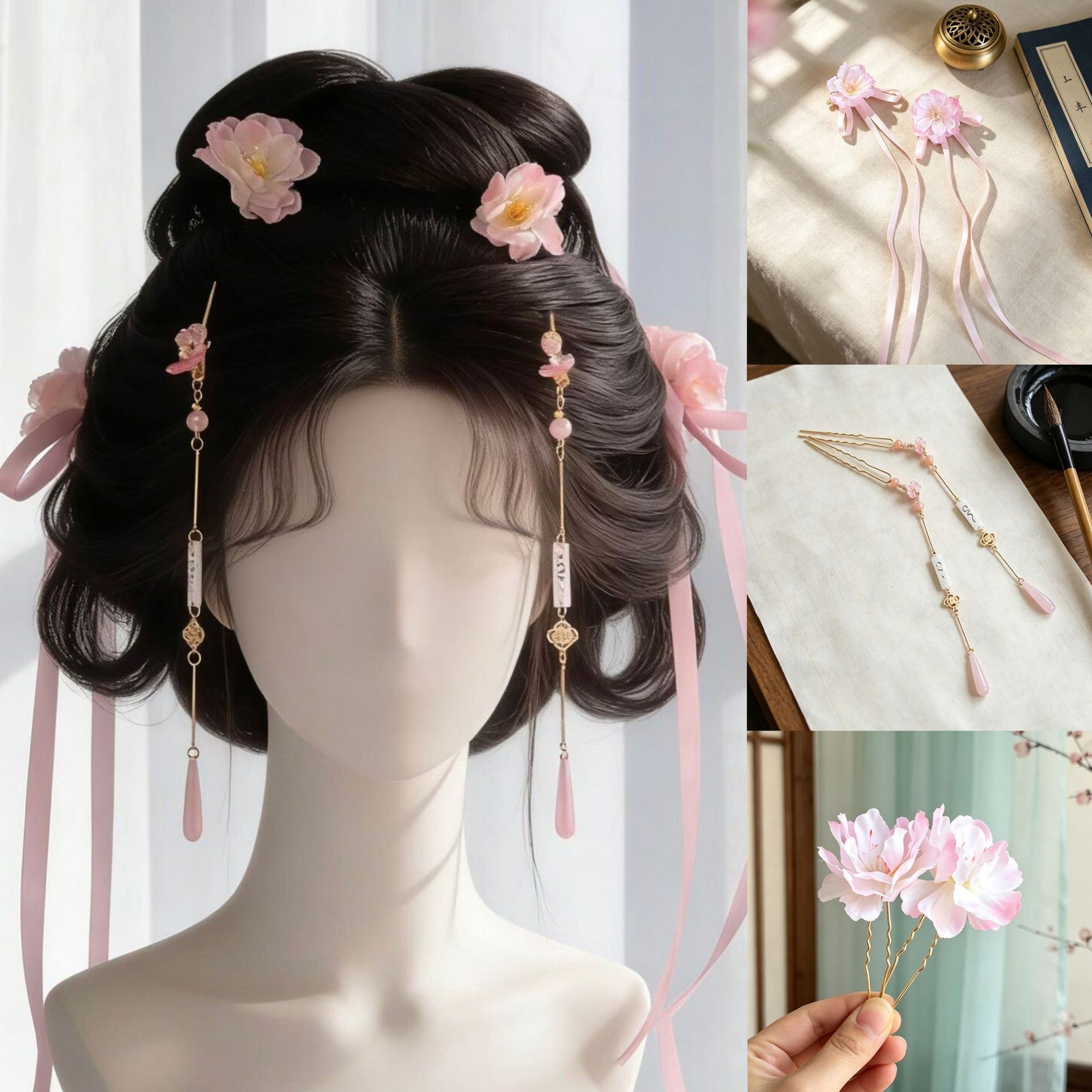 汉服桃花头饰超仙清新粉色点缀发夹掩鬓发钗流苏U钗绢花发饰配饰
