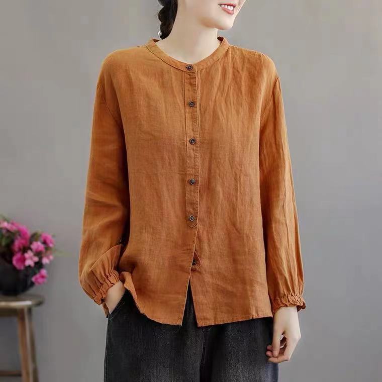 女秋季棉麻衬衫宽松圆领衬衣休闲外套妈妈小衫上衣中老年长袖