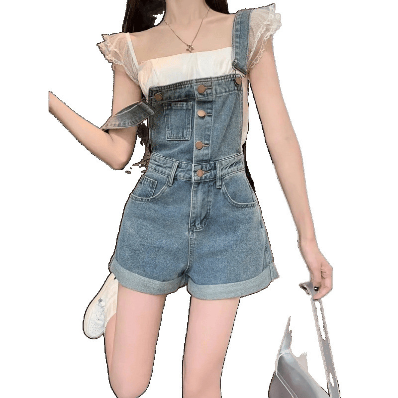 年齢を軽減するデニム サスペンダー ショーツ 2024 夏レトロな新しい作業服スリム デザイン パンツ|undefined