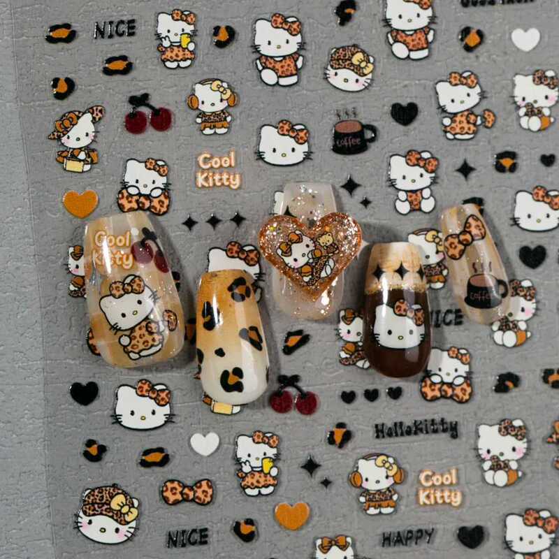 Hot Girl Popular Ins Leopard Print Kitty Nail Art Sticker Hello Kitty Bow 3D Stereo Relief Nail Decoration