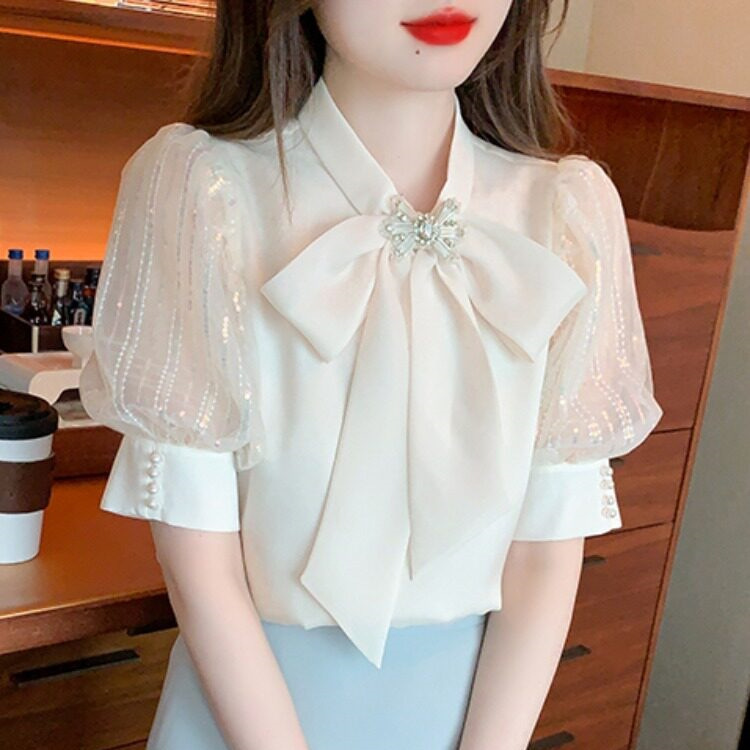 French Bow Short-Sleeved Shirt for Women 2026 Summer New Style Niche Unique Organza Chiffon Top Jk Shirt French Bow Short-Sleeved Shirt for Women 2026 Summer New Style Niche Unique Organza Chiffon Top Jk Shirt