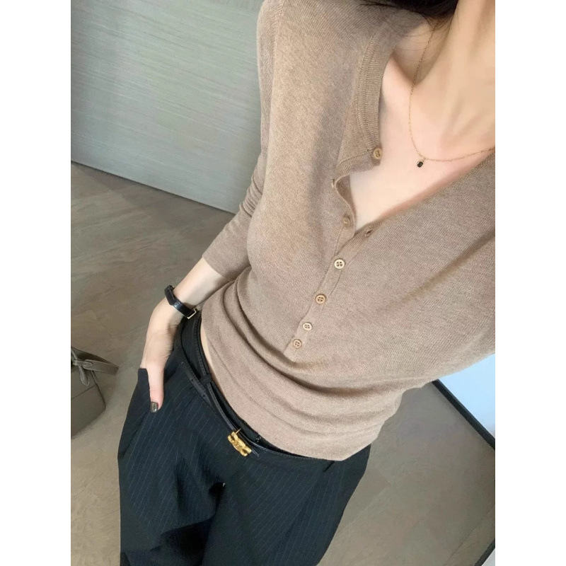 French-Style Half-Open Collar Base Layer Women's Autumn Thin Knit Sweater Wool Slim V-Neck Slimming Elegant Top