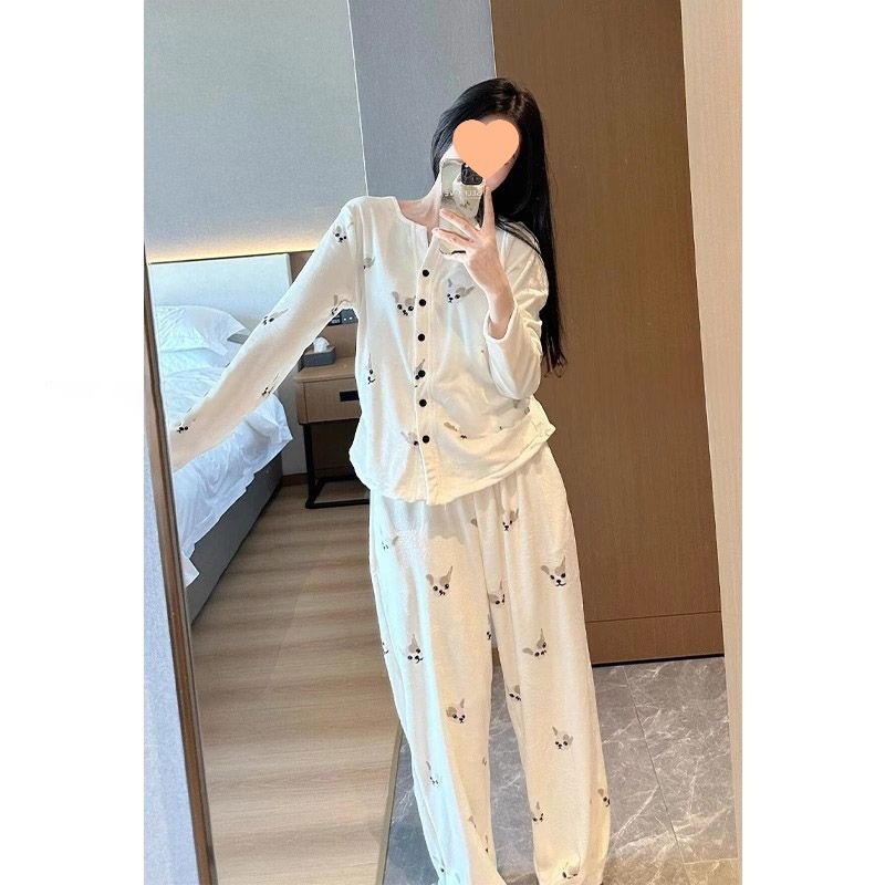可爱卡通法斗狗德绒睡衣女款秋冬季薄绒保暖甜美学生家居服两件套|undefined