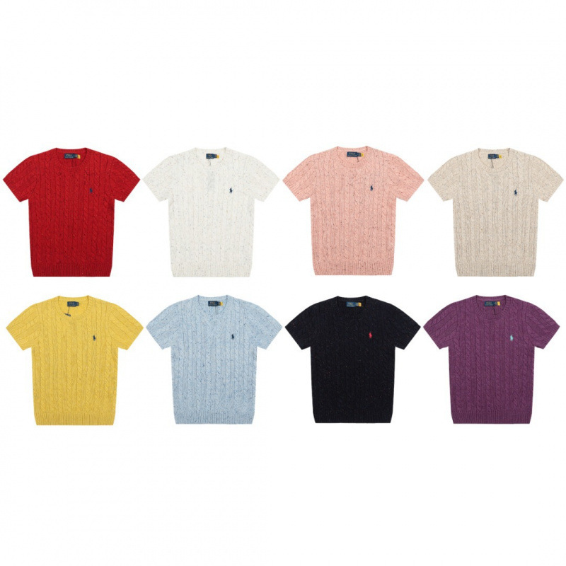 Four Seasons Rl Raff Pony Logo Embroider Classic Gradient Multi-Colorful Dot Versatile Hemp Flower Knitted Round Neck Short Sleeves