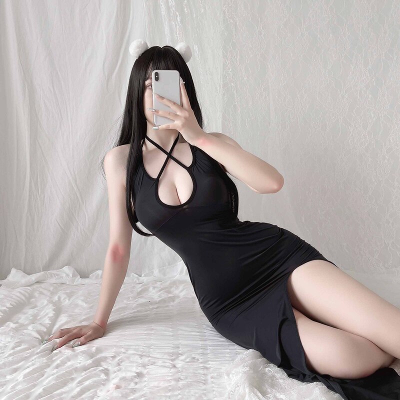 Transparent split dress sexy underwear nightclub skirt thin skirt sexy skirt deep V milk leakage back a generation of hair