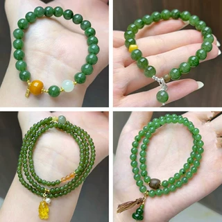天然保真正品和田玉碧玉手串 2圈多圈圆珠女款菠菜绿和田玉手链