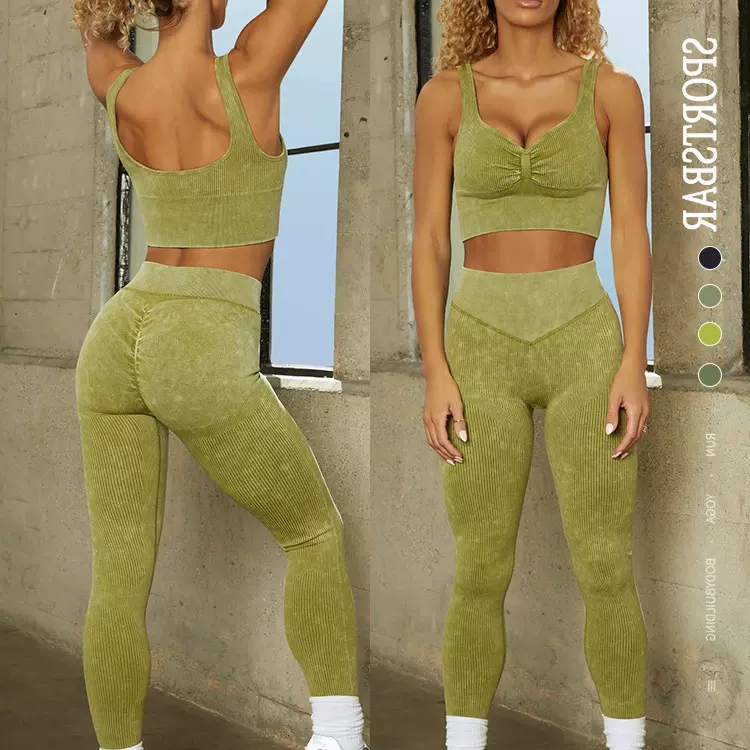 欧美跨境现货砂洗螺纹瑜伽服套装厂家健身运动背心长裤两件套女