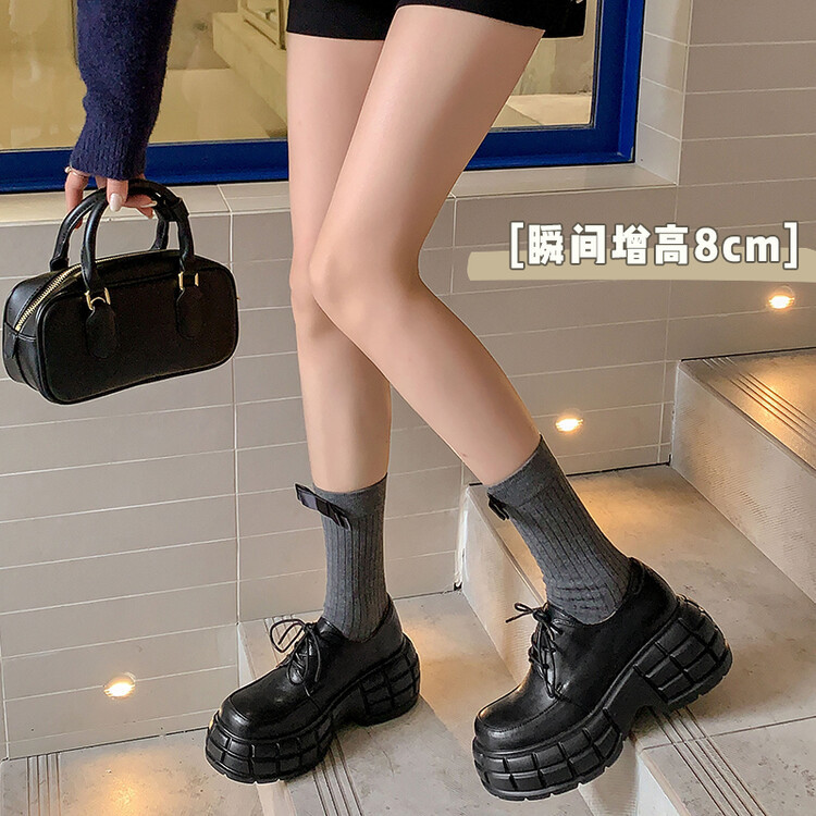 Giày lười nữ da bò phối dây buộc chéo đế xuồng platform phong cách Anh quốc — Màu Đen Hạt mở viền, Màu đen da bò mờ, Màu trắng chi tiết 80