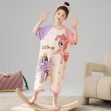 春夏新款女童亲子季纯棉连体儿童家居服连体衣短袖圆领卡通睡衣