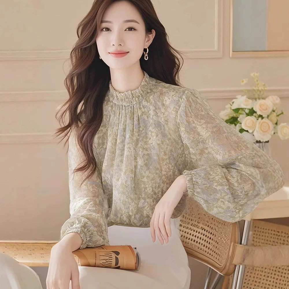 Весенне-осенний новый стиль, популярный в этом году французский стиль, красивый зеленый шифоновый топ с цветочным принтом, закрывающий живот, рубашка с длинными рукавами для женщин