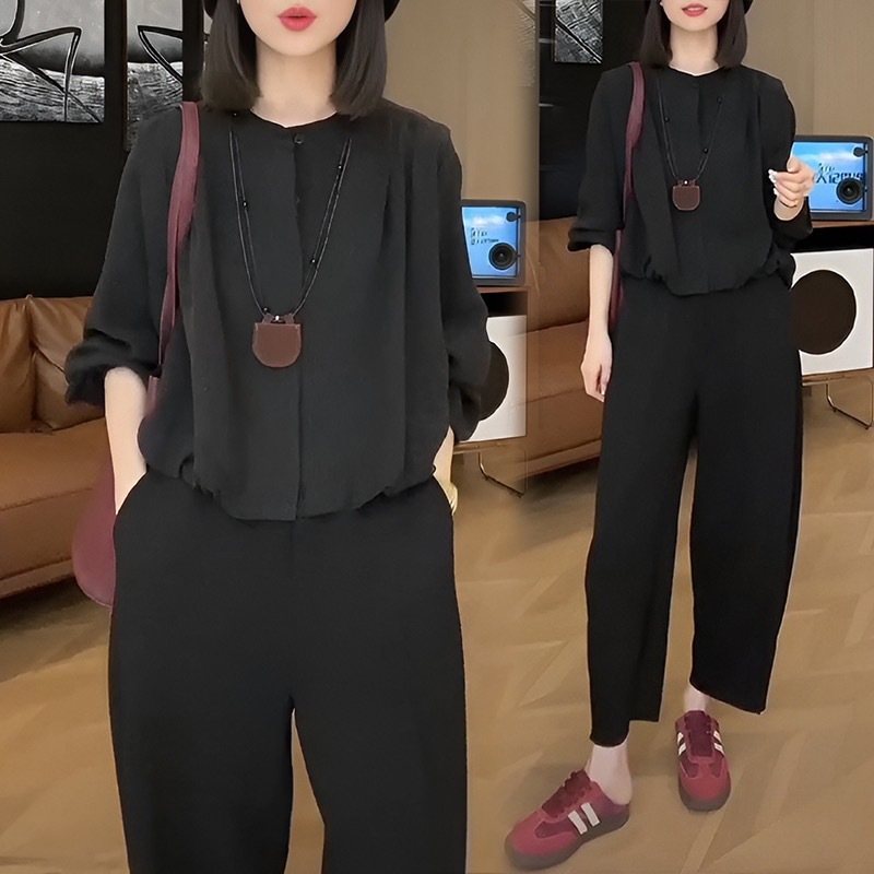 2025早秋新款设计感小众纯色衬衫女时尚设计感衬衣上衣休闲裤套装|undefined
