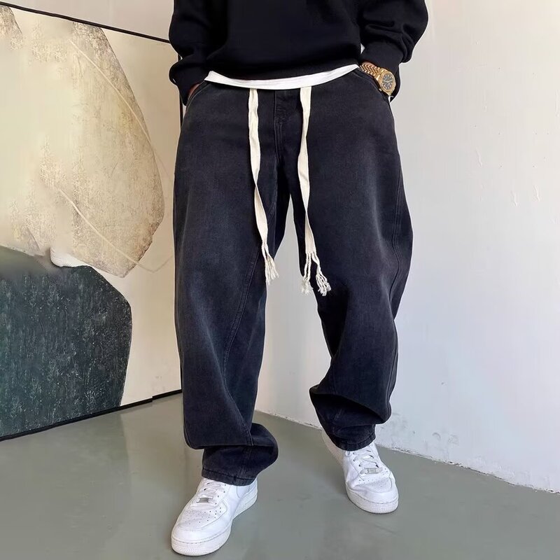 Plus Size American Style Casual Straight Jeans Men's Autumn and Winter New Loose All-match Drawstring Wide Leg Long Pants