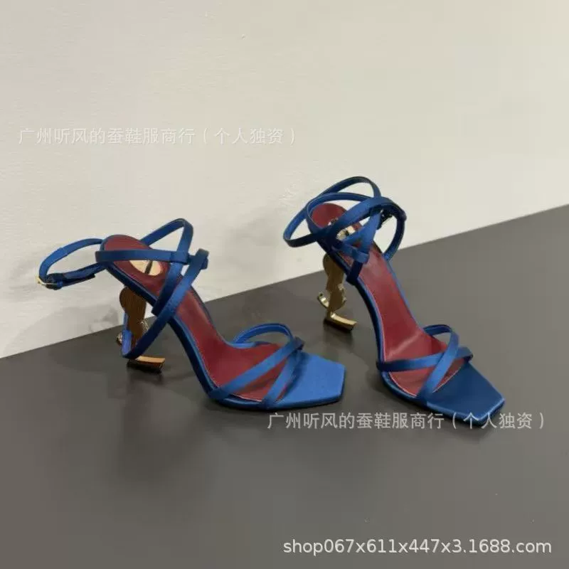 [2024圣家女细带带后扣高跟鞋新款凉鞋方头空趾一字交叉带字母跟露]