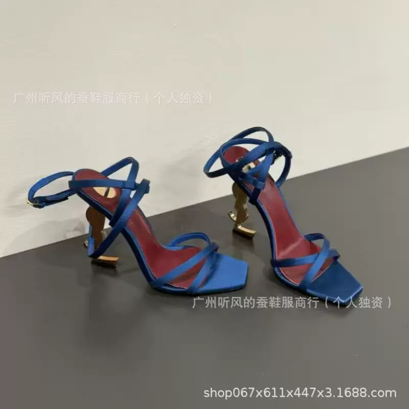 [2024圣家女细带带后扣高跟鞋新款凉鞋方头空趾一字交叉带字母跟露]