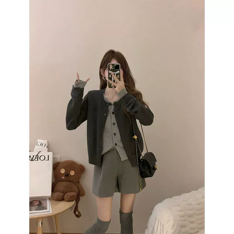 Свитер, осенний набор с круглыми воротом, кардиган, премиум-класс,Slim fit
