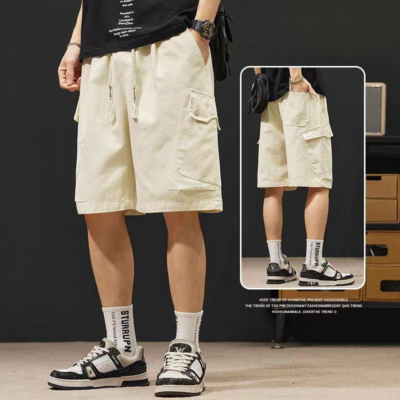 Men's Summer New Japanese Style Trendy Brand Multi-Pocket Cargo Shorts, Thin Loose Trendy Straight Mid-Length Shorts