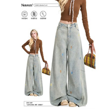 KNY卡通小熊刺绣牛仔裤设计感趣味宽松休闲直筒长裤阔腿弯刀裤潮