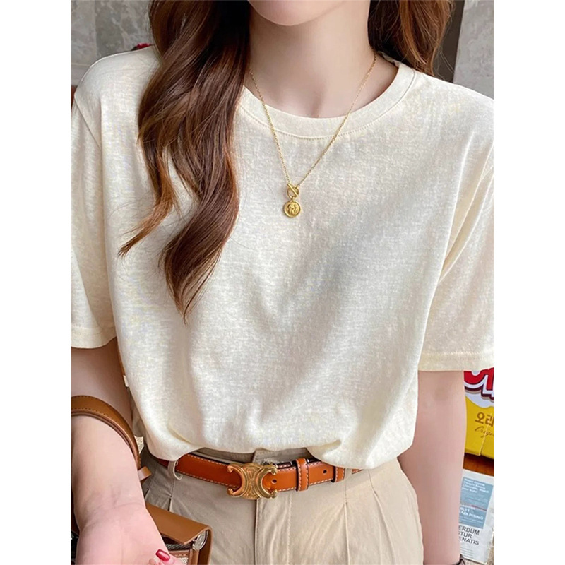 2026 Summer New Fashion Versatile Light Yellow Top Thin Snowflake Cotton Regular Shoulder Round Neck Short-Sleeve T-Shirt Women's Clothing