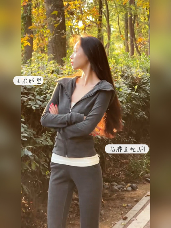 秋季套装女装高级感新款修身连帽外套女微喇运动长裤显瘦两件套薄|undefined