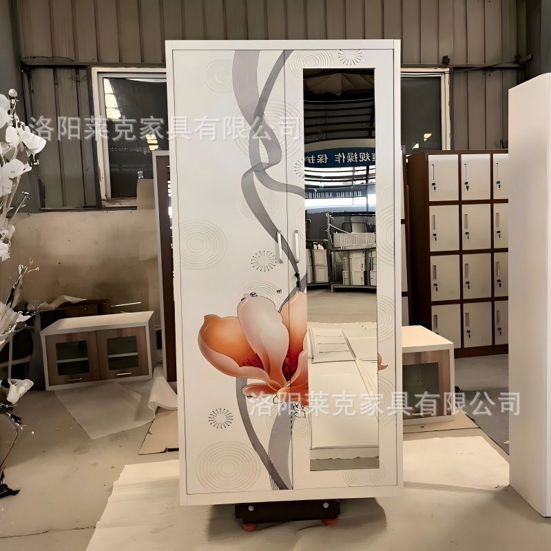Gabinete de impresión de dos puertas deslizantes armario de acero espejo estética armario de almacenamiento de metal doméstico se puede personalizar simple armario de metal de viento image 4