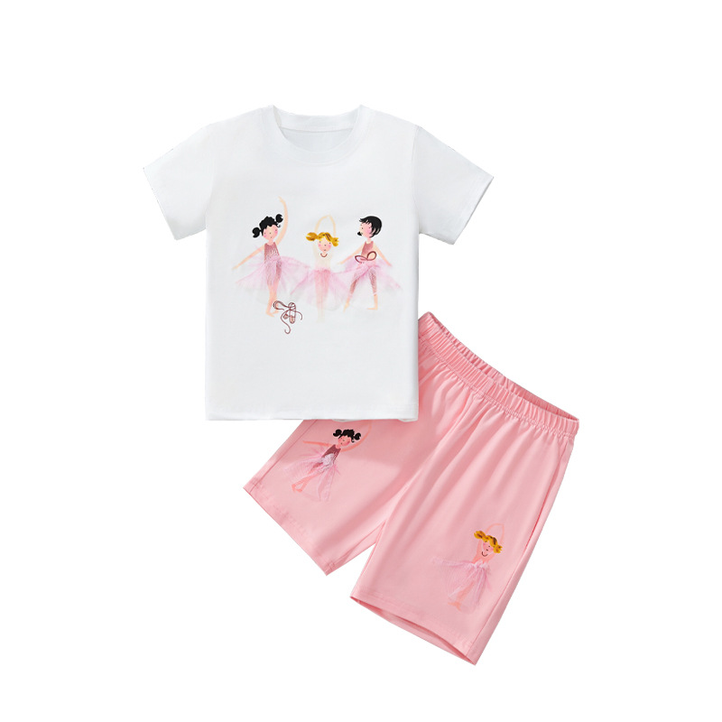 Traje de verano para niños, top, pantalón, traje de dos piezas, pantalones cortos casuales de manga corta para niñas 2025, ropa para niños de estilo europeo y americano al por mayor