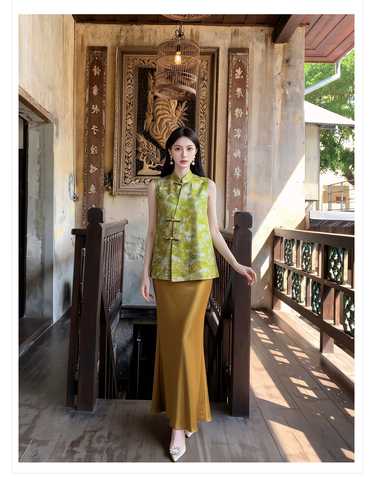 Áo hai dây nữ phong cách Trung Hoa thêu hoa, cúc bấm, chất liệu satin mềm mại — Xanh lá cây nhạtcolor chi tiết 11