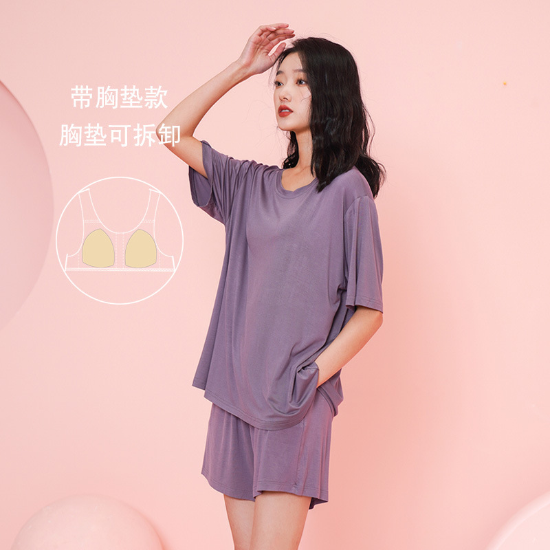 가슴 패드가있는 9803 보라색 반팔 반바지