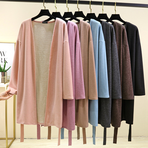 Women's Solid Color Long Sleeve Belted Robe for Autumn/Winter Loose Overwear Medium Length Bath Robe Home Top