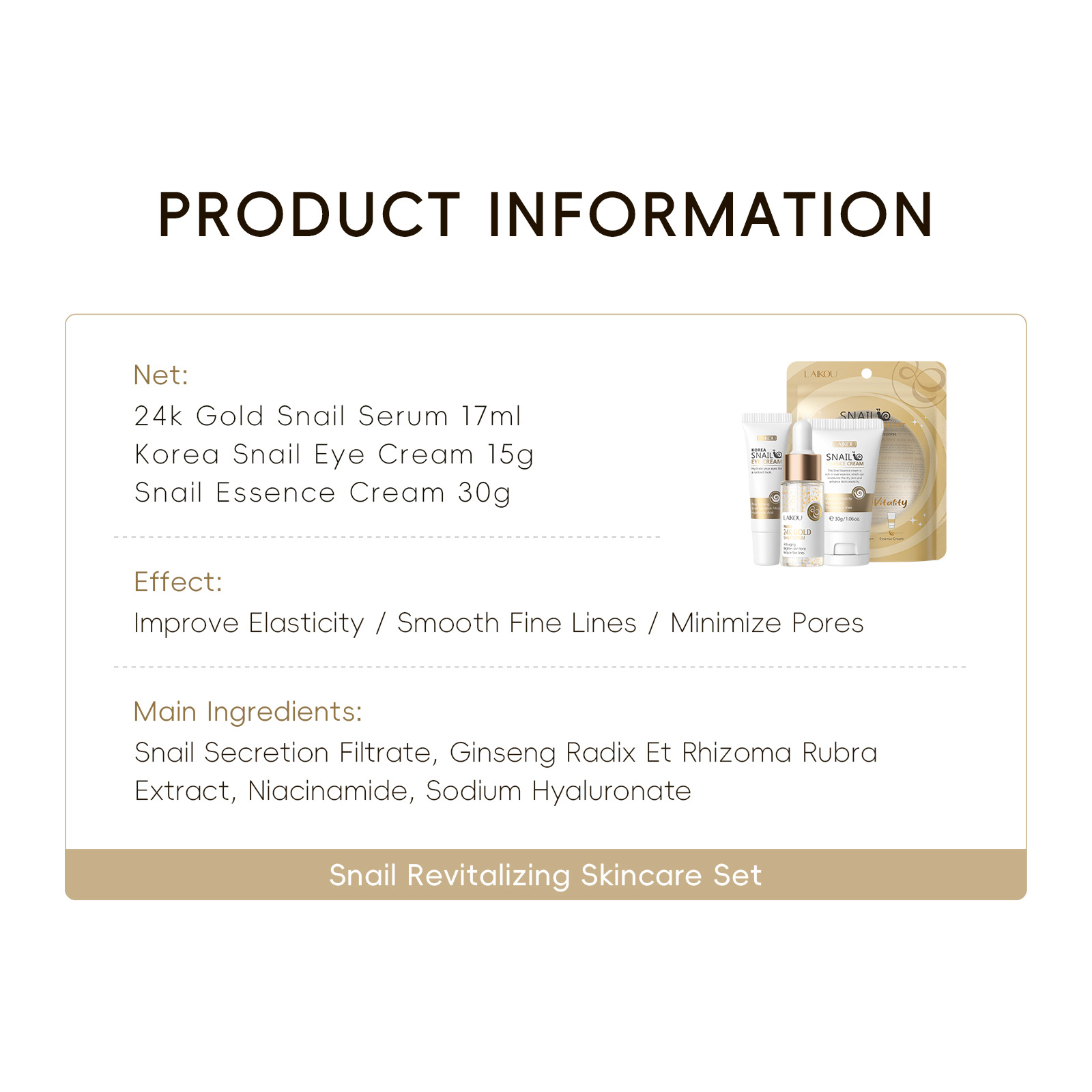 Cross-border LAIKOU Snail Revitalizing Skin Care Set 3-piece set, Facial Cleanser, Eye Cream and Face Cream manufacturer in stock undefined