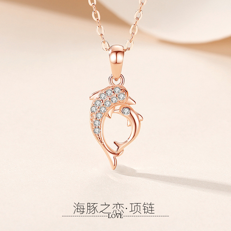 Dolphin amor collar s925 plata esterlina collar lindo estilo de hadas japonés y coreano clavícula cadena micro incrustaciones ZIRCON fábrica al por mayor