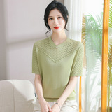 中老年女装大码宽松妈妈装夏季上衣时尚镂空针织衫冰丝短袖T恤，女装针织衫/毛衣，妃慕昵服饰